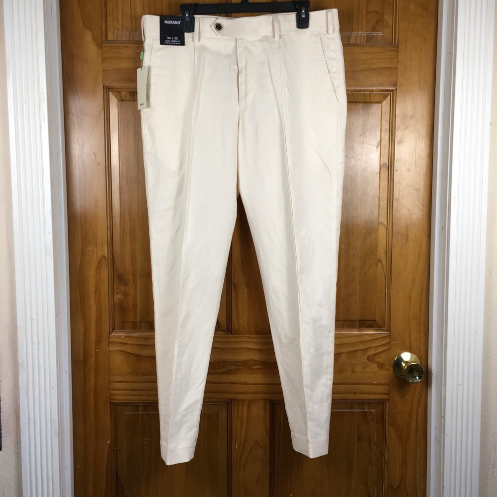 Murano Lucas Carrot Fit Pants Pleated Front Cream 34/32 NWT Linen Blend